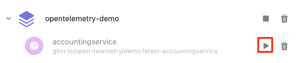 OrbStack interface showing the start button (▶) for launching a stopped container