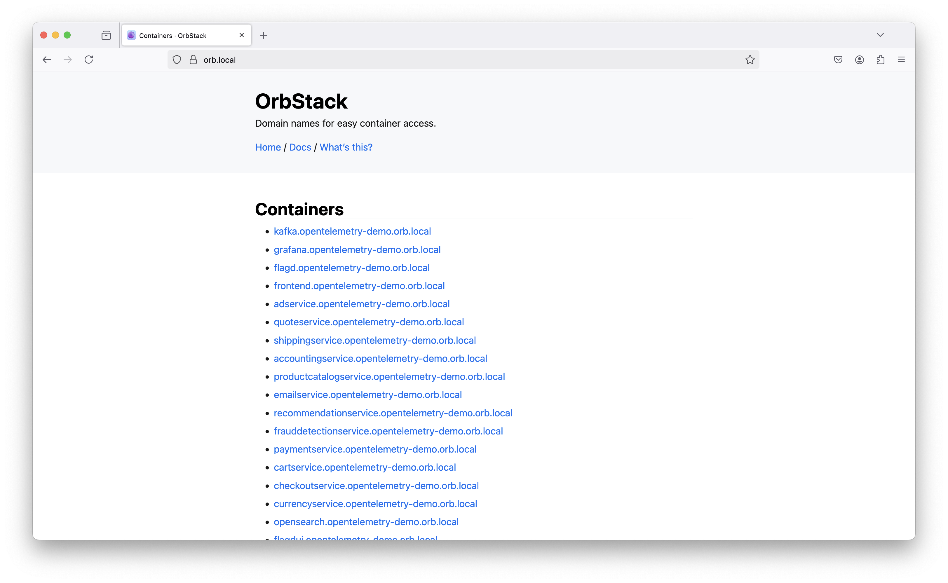Screenshot of a page `orb.local`, which provides an index of all running containers
