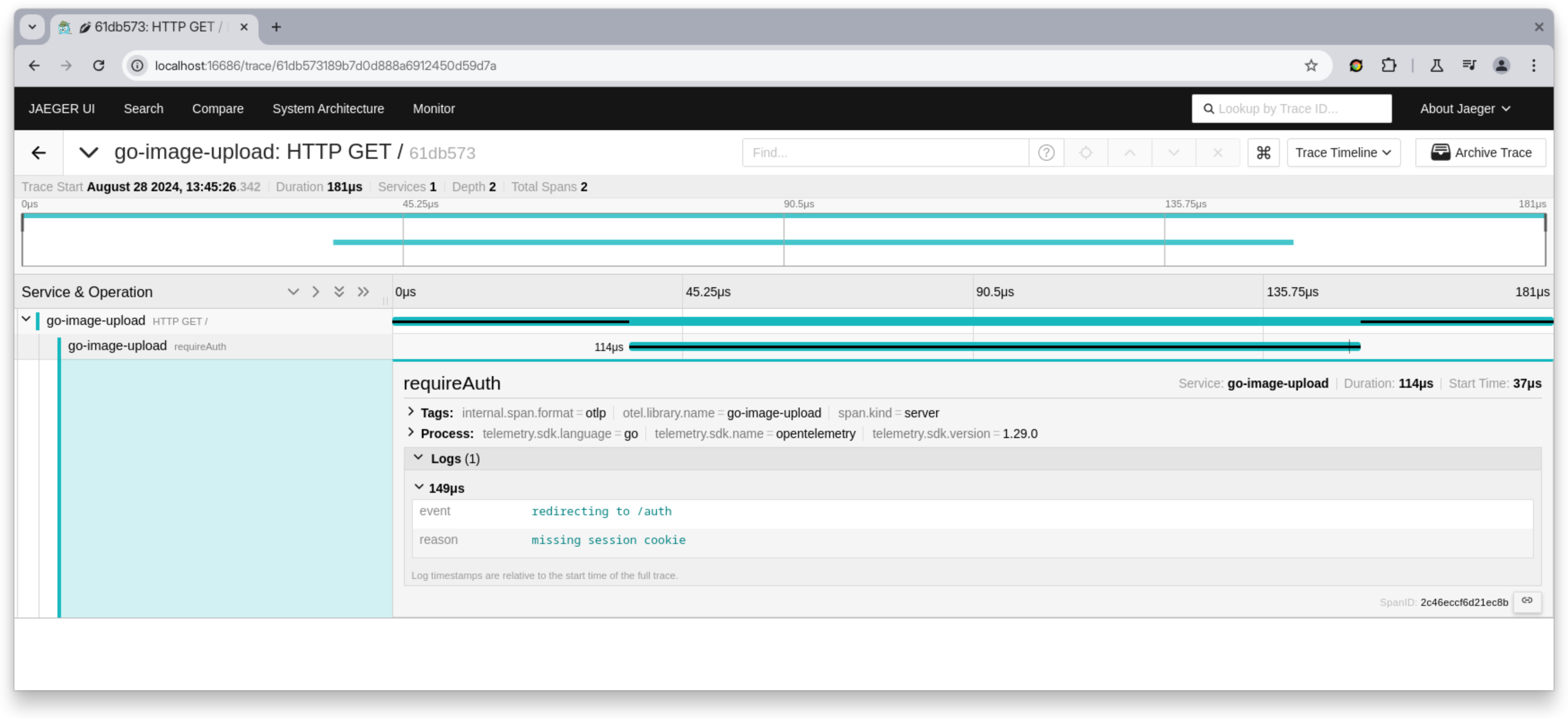 Jaeger UI showing trace span event