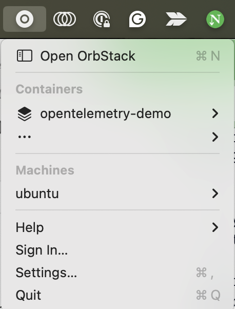 OrbStack menu bar app displaying running containers, images, and volumes with quick management actions